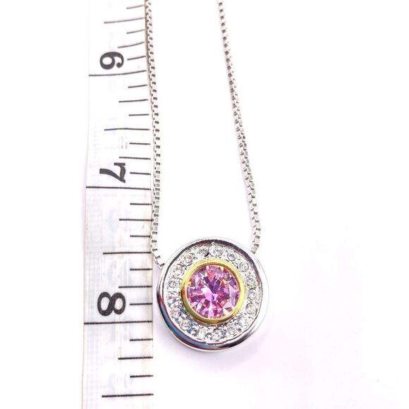 Silver pink clear cubic zirconia halo pendant necklace - Picture 5 of 5